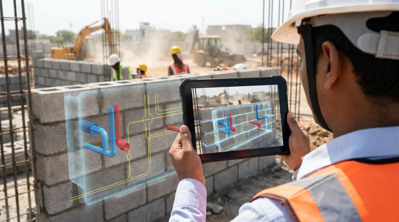 Engineer viewing wiring and plumbing routes overlaid on the unfinished wall through a tablet
