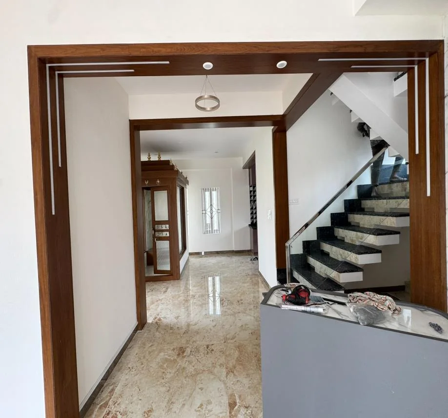 Finished floating staircase with black granite treads