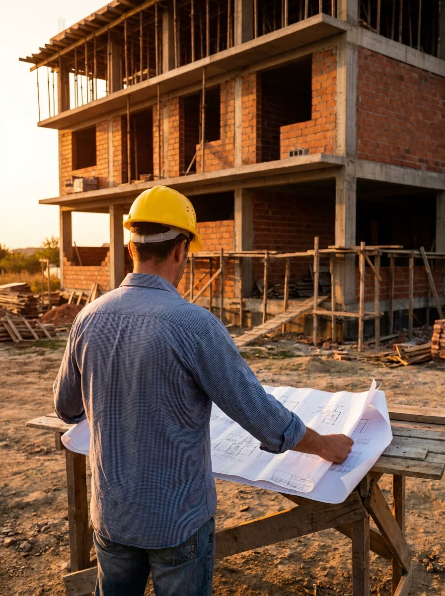 The founder reviewing structural drawings on site