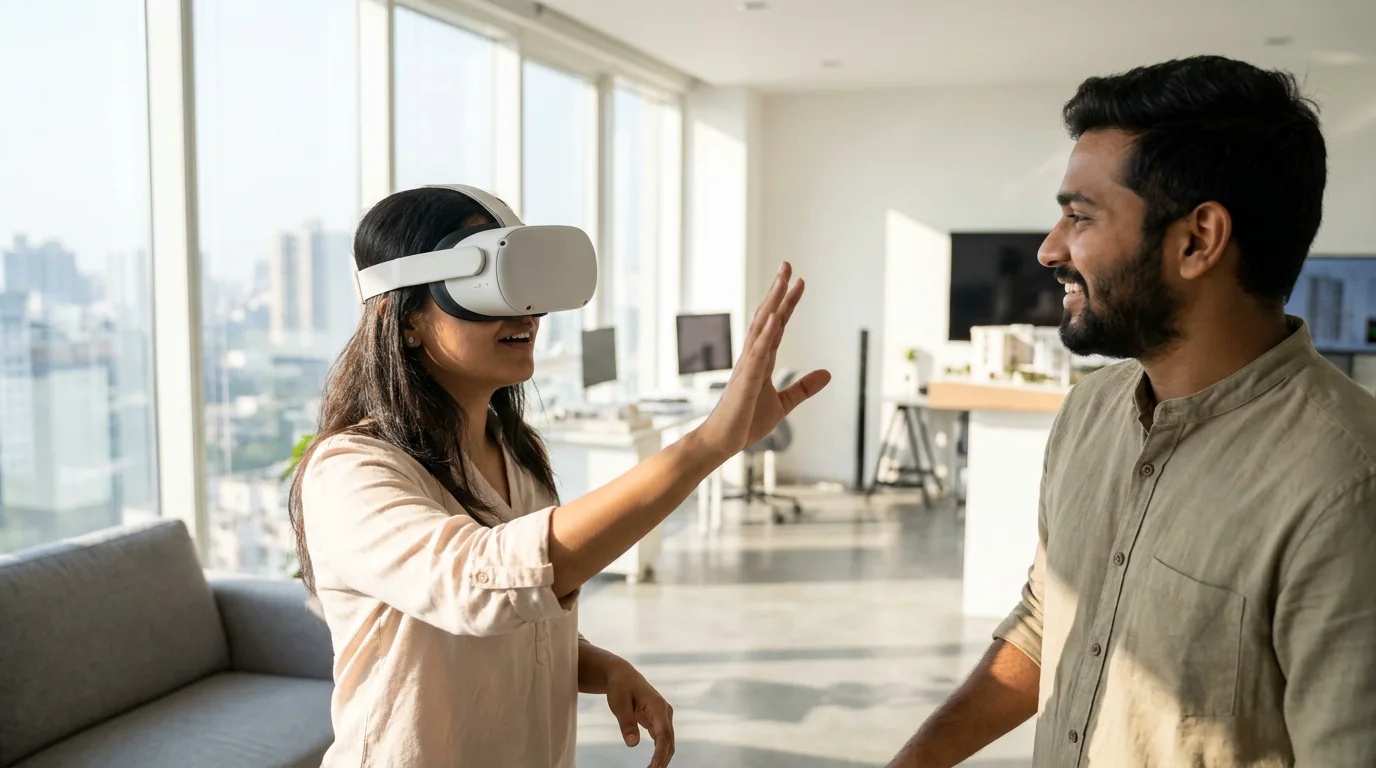 A couple experiencing their future home in a VR headset